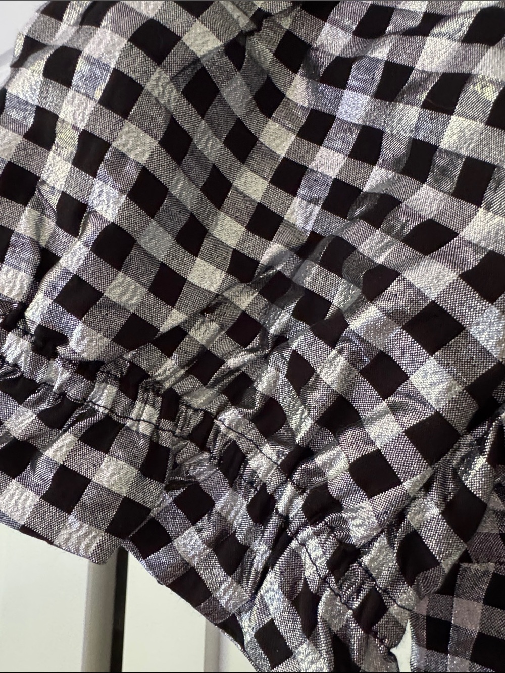 J. Crew Black & Silver shine Gingham Puff-Sleeve Blouse - Picture 4 of 6